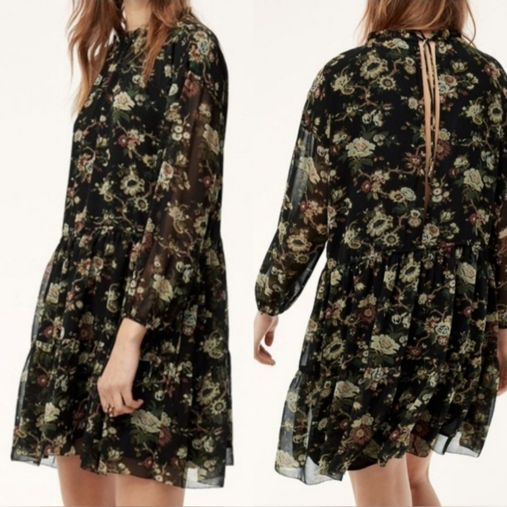 Aritzia WILFRED Lemare Black Floral Chiffon Ruffle Mini Peasant Dress Size M